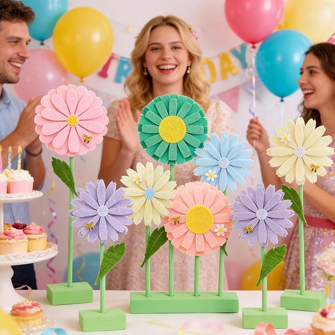 SUNBEAUTY 8PCS Daisy Party Decorations Felt Flowers Daisy Centerpieces for Tables Spring Flower Tables Decor Pastel Flower Table Decorations for Girl Birthday Baby Shower Spring Garden Home Decor
