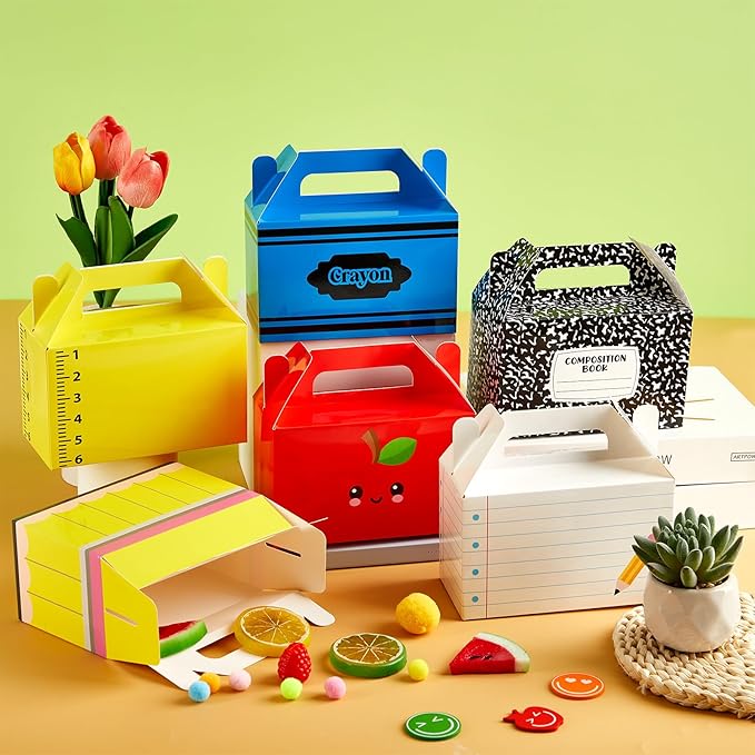 24Pcs Back to School Gift Boxes First Day of School Party Treat Boxes Pencil Crayon Apple Goodie Candy Box Teacher Appreciation Party Favor for Student Preschool Kindergarten Classroom Decorations