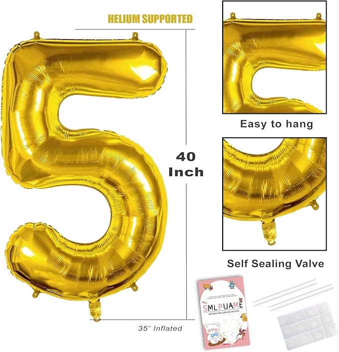 40 inch Number Balloon 0-9 Gold Large Number 5 Balloons,Digital Balloons for Birthday Party Celebration Decorations Supplies, Helium Foil Number Balloons for Wedding Anniversary