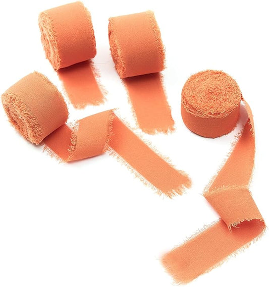 4 Rolls Orange Handmade Fringe Chiffon Silk Ribbon 1" W x 5Yd Per Roll,Frayed Edges Ribbon Set for Gifts Wrapping,Wedding Invitations,Bouquets,DIY Crafts (1" x20Yd, Orange)
