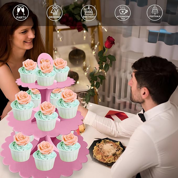 3-Tier Pink Cupcake Stand, Heart Handle Dessert Display Tower, Perfect for Girl Birthday Baby Shower Small Parties, Easy Assembly (1-Pack) ﻿