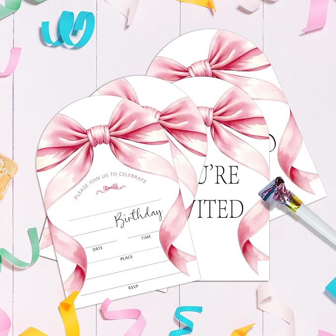 Pink Bow Birthday Party Invitations, Pink Ribbon Bow Party Invitations for Girls, 20 Fill-In invites with Envelopes, Birthday Party Favor & Decoration (arch)