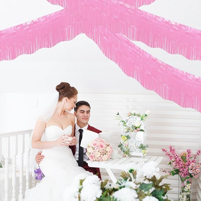 LOLStar 6 Pack Macaron Pink Tinsel Foil Fringe Garland Birthday Party Decorations, 59Ft Tinsel Streamers Banner, Hanging Tinsel Fringe Banners for Wedding Gender Reveal Bachelorette Party Decor