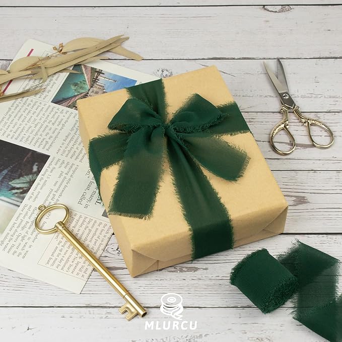 Forest Green Chiffon Fringe Silk Ribbon 1-1/2 Inch x 21 Yards - Boho Frayed Dark Green Ribbon for Gift Wrapping, Wedding Invitations, Bridal Flower Bouquets