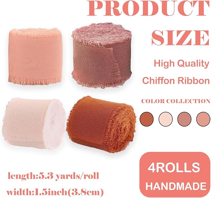 Chiffon Ribbon,1.5 inch x 21 Yards 4 Rolls Red Handmade Fringe Edges Chiffon Ribbon for Gift Wrapping Wedding Invitations Bridal Bouquets Crafts Home Decor (red)