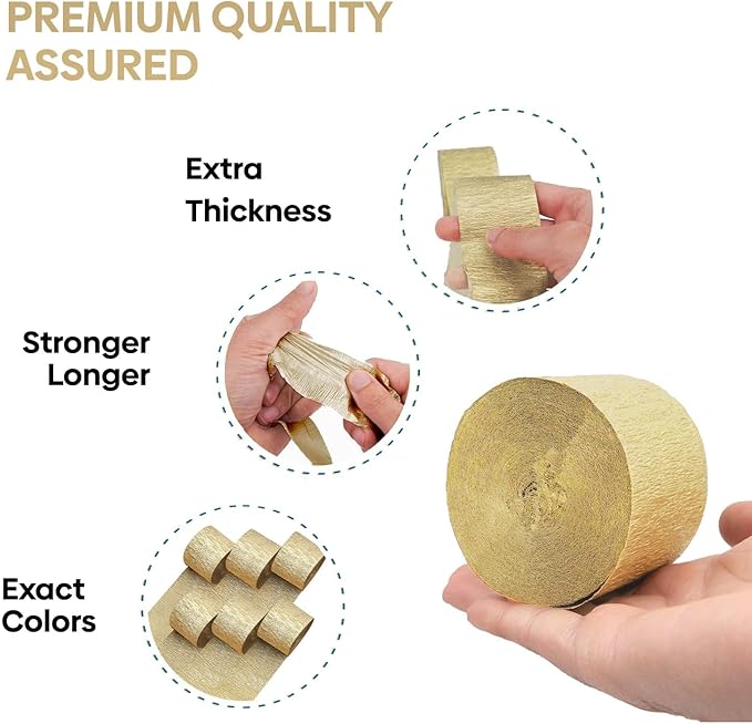 Captain Décor 6 Gold Streamers 492ft Pack of Gold Crepe Paper Rolls for Decorations, Party Streamer, Birthday & Party Decor(1.8 inch x 82 ft/Roll)