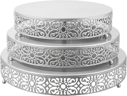 Wenqik 3 Pcs 16'' 14'' 12'' Metal Silver Cake Stand Round Cake Stands for Dessert Table Cookies Fruit Serving Tray Cupcake Dessert Pastry Riser for Wedding Birthday Party and Events