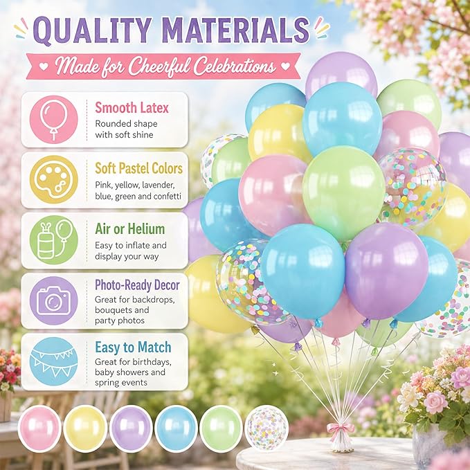 Pastel Balloons, 60Pcs Colorful Balloon, 12 Inch Latex Pearl Yellow Purple Pink Blue Green Multicolor Confetti Balloons Helium for Kids Baby Shower Birthday Wedding Easter Pastel Party Decorations