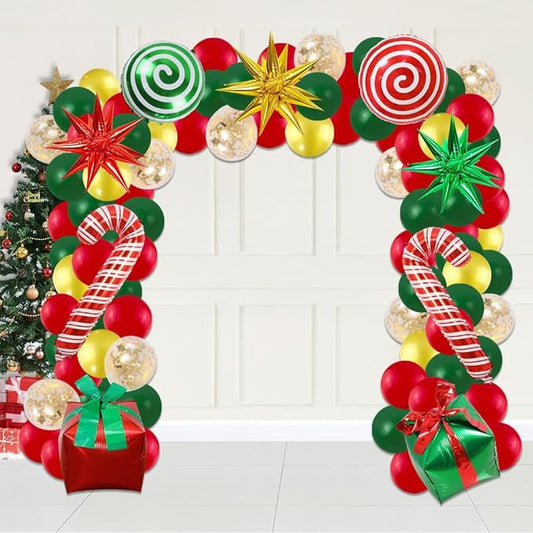 Christmas Balloons Garland Arch Kit Xmas Red Gold Dark Green Balloons Candy Cane Gift Box Foil Balloons for New Year Christmas Birthday Xmas Party Decorations Supplies