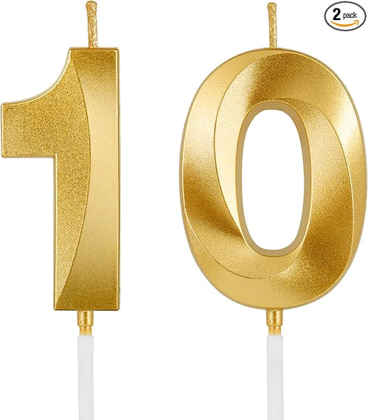 Birthday Candles, 1.96 Inch Number 10 Happy Birthday Candles, Number Candles Decoration for Birthday Party and Anniversary Celebration(Champagne Gold)