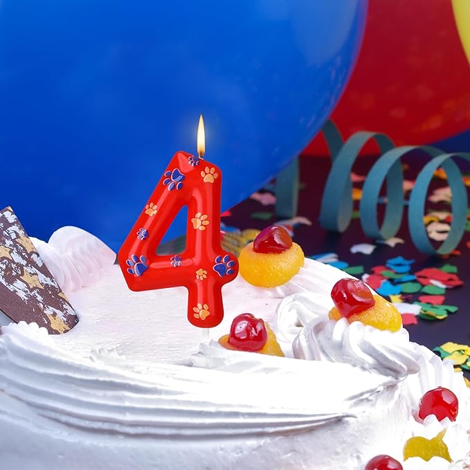 Conelist Number 4 Dog Paw Birthday Candles Dog Toppers Candles Blue Yellow and Red Numeral Birthday Cake Topper for 4 Year Old Boy Girl Paw Party Decoration Party Supplies