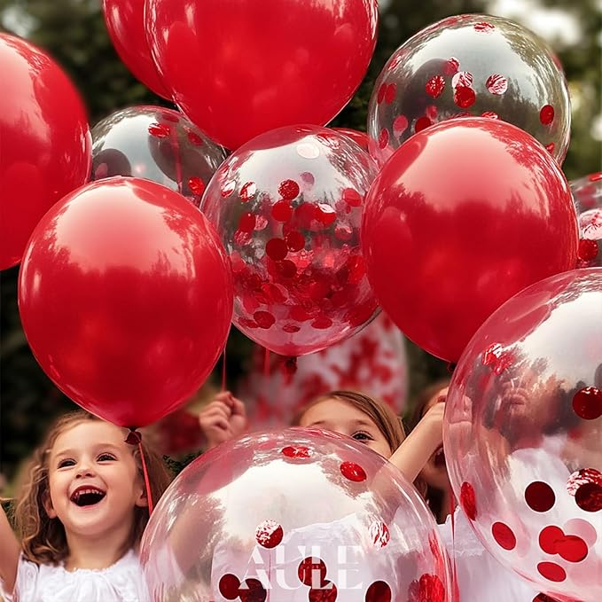 AULE Party Balloons Pack of 42-12in Red Confetti Balloons & Red Latex Balloons and 64ft Ribbons - 12 Inches Balloons Decorations Set