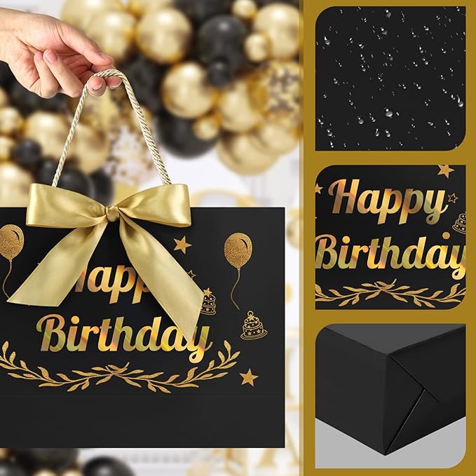 JMANNI Black Gold Happy Birthday Gift Bag with Card and Tissue Paper, 14.2"×9.84"×4.3" Large Present Bag for Men Women, Year Old Birthday Keepsake Party Supplies