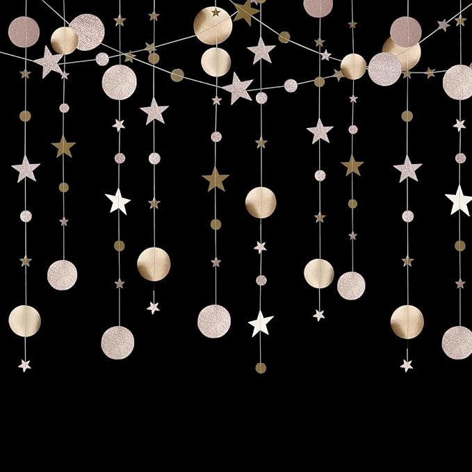 Star and Circle Hanging Garland, 65 feet Champagne Gold Party Decorations Stars Banner Streamer Backdrop for Birthday Baby Shower Christmas New Year Eve Starry Night Theme Party Supplies