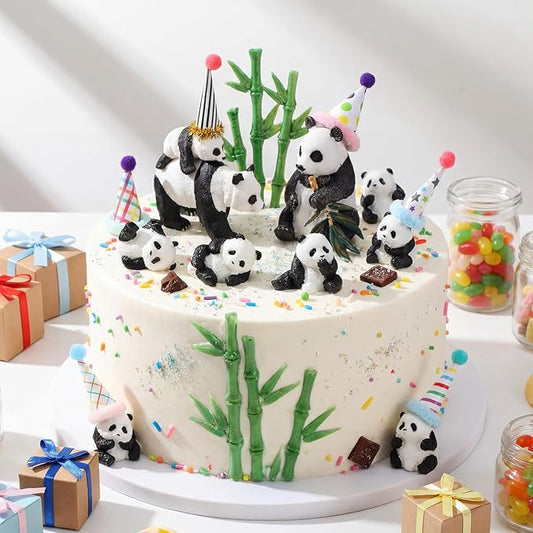 Colingmill 18 Pcs Panda Cake Toppers Birthday Party Decorations Mini Birthday Hat Animal Figure Model Cake Toppers with Mini Hat for Animals Themed Party