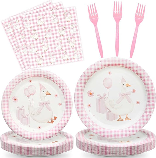 96 Pcs One Silly Goose Party Supplies Disposable Tableware Set Serve 24 Guests Include Silly Goose Paper Plates Pink Gingham Napkins Plastic Forks for Baby Shower Wedding Birthday Party Decoration
