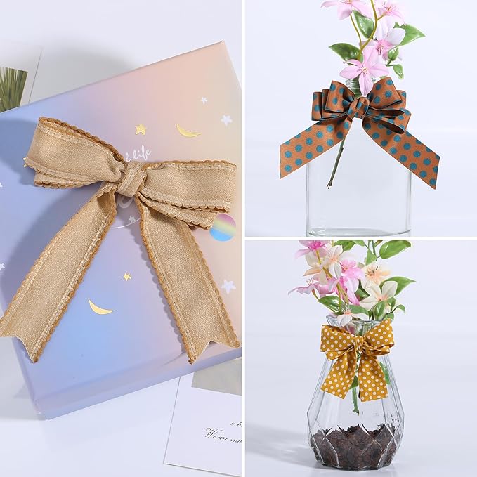 BEEFLYING 3 Styles Ginger Wire Edged Ribbons for Gift Wrapping, 25~28mm×2.7m Satin Ribbons for Wedding Party Decoration Hair Bows Flower Designs Sewing and Craft, 9 Yards