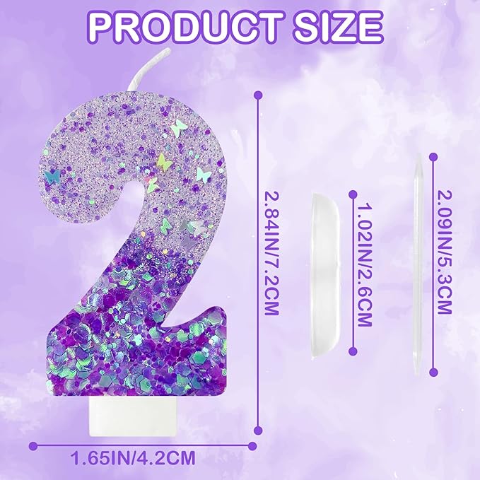 Purple Sequin Birthday Candles, Cake Number Candles, Girls Birthday Decorations, Suitable for Birthday Parties, Anniversary Party Decorations (2)