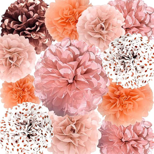 Rose Gold Tissue Paper Pom Poms 12Pcs- Hanging Paper Flowers for Wedding Birthday Graduations Christmas and Special Occasions(8 &10 & 12 inch) ﻿