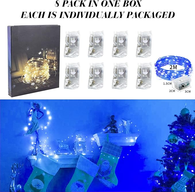 ZGWJ 8 Pack Fairy Lights Battery Operated, 7FT 20LED Mini Fairy String Lights Silver Wire 3 Modes for DIY, Parties, Wedding, Bedroom, Halloween Christmas Decoration- Blue
