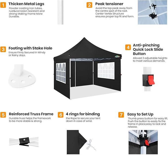 COBIZI 10x10 Pop Up Canopy with 4 Sidewalls, Canopy Tent 10x10 for Parties, Backyard, Commercial, Waterproof and Portable Instant Shelter UV50+ Outdoor Gazebo with 4 Sandbags(Black)