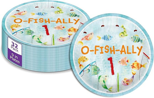 Ofishally One Fishing 1st Birthday Party Supplies Large 9" Paper Plates in Bulk 32 Piece
