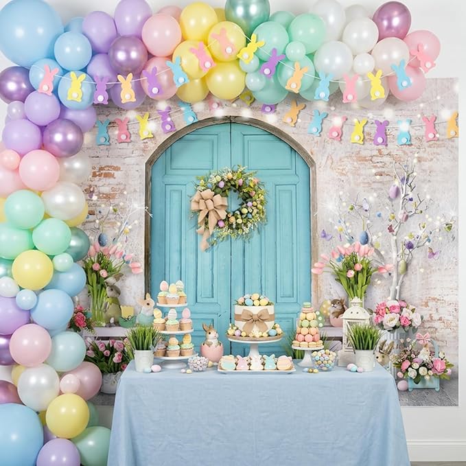 Mocsicka Easter Backdrop Blue Wooden Door with Brick Wall Bunny Rabbit Spring Photography Background Easter Day Party Decorations Photo Studio Props