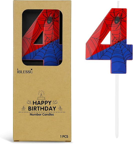 Number 4 Spider Themed Birthday Candle, 2.68 Inch Red Blue Spider Birthday Candles, Number Candles Birthday Cake Toppers Web Candles for Boy Girl Spider Party Decoration Supplies Halloween Party