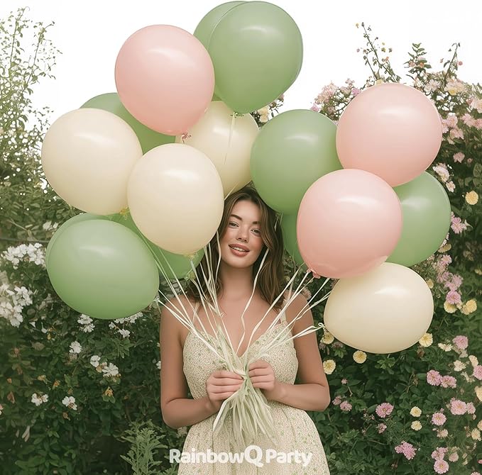 Pink and Green Balloons 12 Inch 67PCS White Sage Green Balloons Latex Helium Balloon Set for Anniversary Wedding Birthday Party Decorations