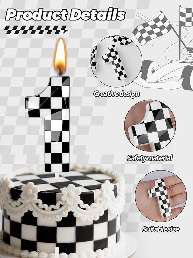Number 1 Racing Cars Birthday Candles,2.68 Inch Black White Checkered Birthday Number Candles, Cool Racing Themed Number Candles for Boys and Girls, Kids Race Car Themed Party Decorations Supplies