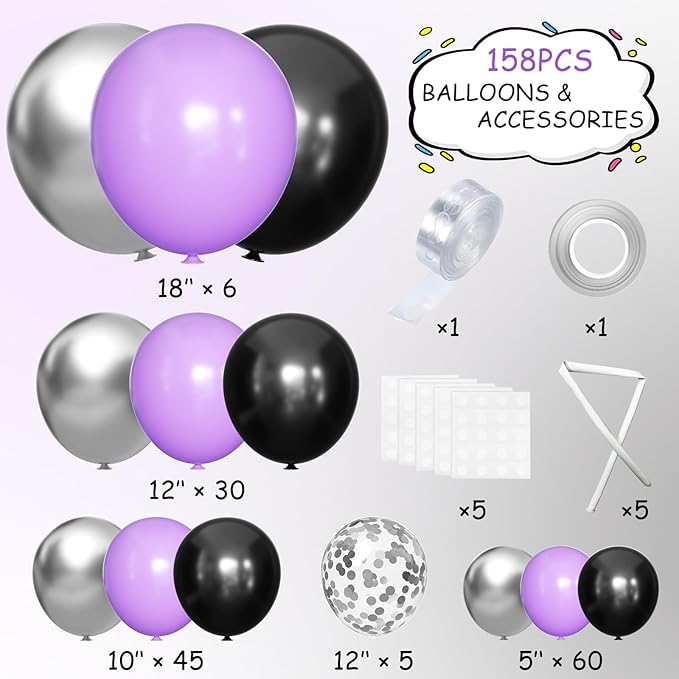 MEBAY Black Purple and Silver Balloons Arch Kit, 146 Pcs Matte Black Light Purple Confetti Chrome Silver Balloons for Graduation Birthday Party Baby Shower Wedding Decorations