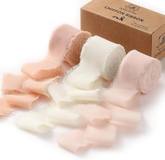 DORIS HOME Pink and Cream Chiffon Ribbon for Flower Bouquet, 1" x21Yd Fabric Ribbon for Gift Wrapping, Handmade Frayed Ribbon for Wedding Invitations/Christmas Decorations