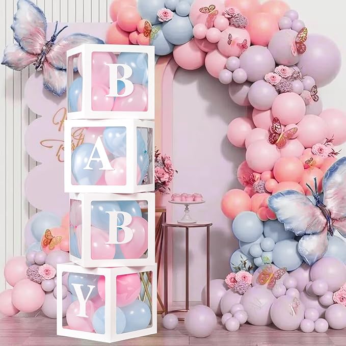 Voircoloria Baby Boxes with Letters for Baby Shower, Gender Reveal Decorations with 4 Transparent Balloon Boxes for Gender Reveal Party (Blue and Pink Balloons)