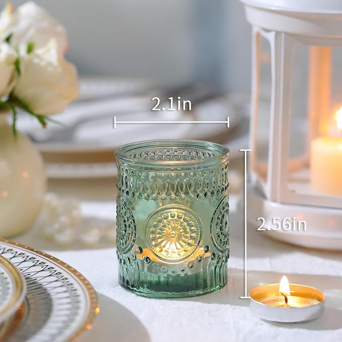 Lanttu 12pcs Green Votive Candle Holders，Glass Tea Lights Candle Holder Bulk for Birthday Parties, Weddings, Table Decorations, Candlelight Dinners