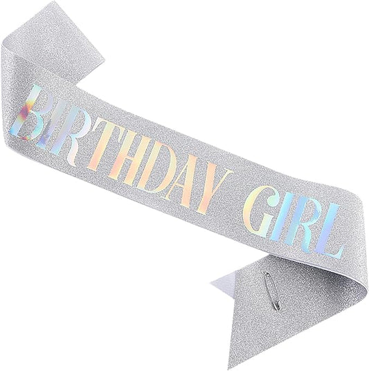 Birthday Sash for Girl, Dazzle Foil Letter Glitter Silver Birthday Sash for Women Girl Kids Teenager Bday Gifts Party Favors Photo Prop