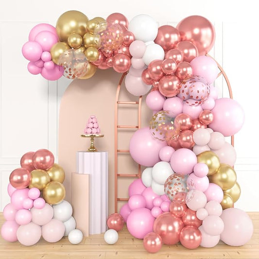 Amandir 164Pcs Rose Gold Pink Balloons Garland Arch Kit Light Pink Gold White Confetti Latex Metallic Balloons for Mothers Day Birthday Decorations Baby Shower Wedding Graduation Party Decorations