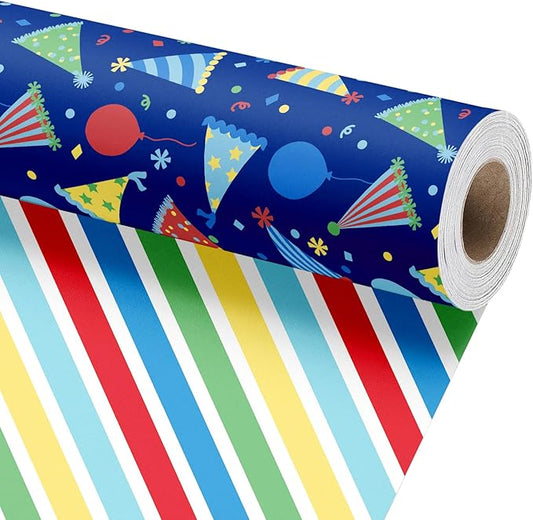 LaRibbons Birthday Wrapping Paper Roll, Reversible Kids Birthday Gift Wrap with Party Hats Balloons and Stripes, Colorful Fun Birthday Party Wrapping Paper for Boys and Girls, 17 Inch x 33 Feet