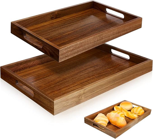 2 Pack Solid Acacia Wood Serving Trays with Handles, Rectangular Wooden Serving Platters, Decorative Servings Trays Set, Portable Ottoman Tray–Great for Lap &Couch, 16"+15"
