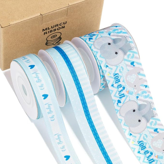 Baby Boy Ribbon 3 Rolls Grosgrain Ribbon Set 5/8", 7/8", 1.5" It's A Boy, Blue Striped Polka Dot Ribbons for Baby Shower, Gift Wrapping, Birthday Party, Diaper Cake Decorations, Hair Bows, Crafts