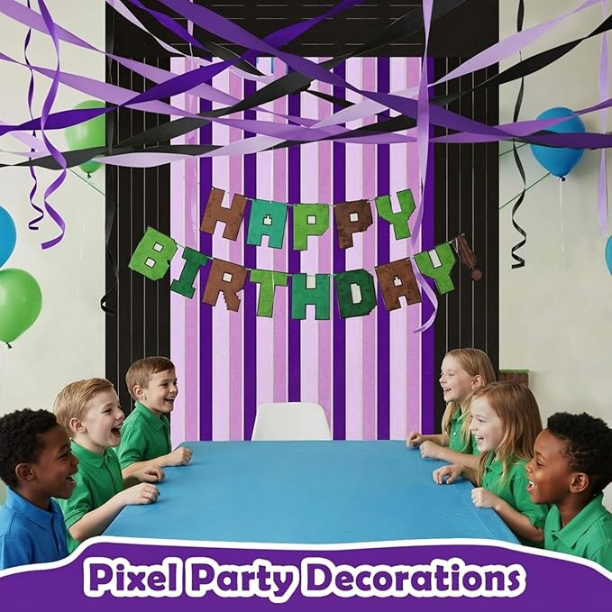 Epakh 12 Rolls Purple/Black Crepe Paper Streamers (984ft) - Pixel Birthday Party Decorations, Video Game Birthday Supplies, Pixel Theme Purple Party Decor Halloween