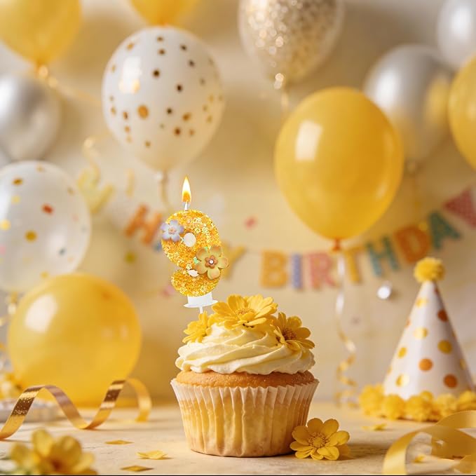 Yellow Birthday Candle, Flower Number Birthday Candles for Cake, Ideal Birthday Parties Cake Decor, Wedding Anniversary and Other Celebrations (9 Candle, Yellow)