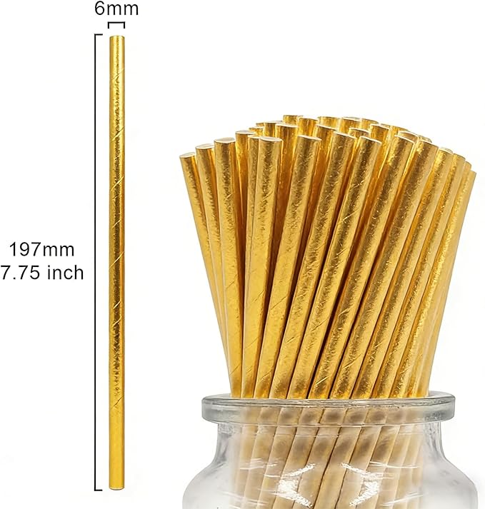Foil Gold Paper Straws, 100-Pack Disposable Solid Golden Drinking Straw for Christmas Party Supplies, Cake Pop Sticks, Bridal Shower, Birthday, Wedding Decoration
