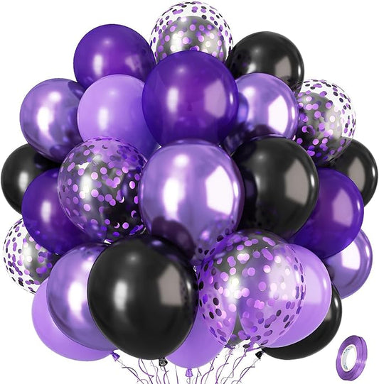 Isndare Purple Black Balloons, 12 Inch Dark Purple Light Balloons with Metallic Purple Confetti Latex Balloon Set for Girls Women Halloween Birthday Bridal Shower Wedding Party Decorations Is-02