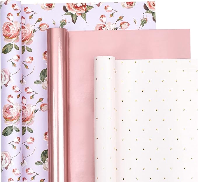 WRAPAHOLIC Pink Wrapping Paper Roll - Mini Roll - 3 Rolls - 17 Inch X 120 Inch Per Roll - Pink Floral Rose Gold Design for Wedding, Bridal Shower, Birthday, Baby Shower, Spring