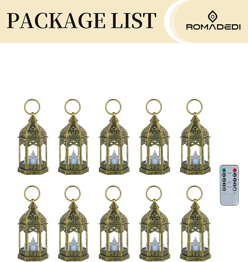 Romadedi Decorative Mini Lanterns for Centerpieces - Set of 10 Gold Vintage Small Candle Lantern Bulk with Remote for Wedding Table Decor Party Ramadan Christmas Halloween, Batteries Included
