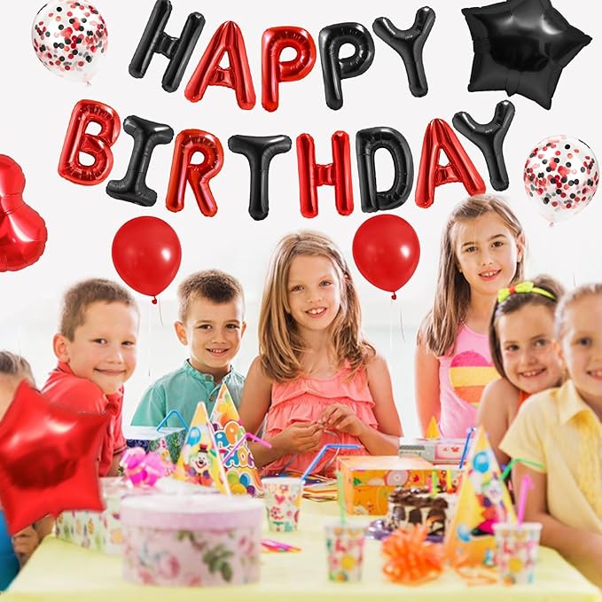 CANREVEL Happy Birthday Balloons Banner 16 Inch Mylar Foil Letters with Star & Heart Balloons Birthday Party Decorations for Men and Women - 30 Pcs Black Red