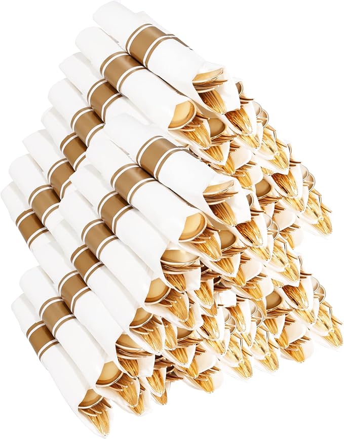 400PCS Pre Rolled Gold Plastic Silverware Sets - Heavy Duty Hammered Gold Cutlery Include 100 Pack Wrapped Disposable Utensils with Napkins for Parties, Dinners & Weddings