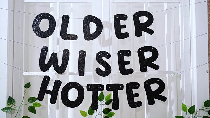 Fulmoon Set of 3 Pre Strung Older Wiser Hotter Glitter Banner Funny Birthday Banner for Women 30th 40th 50th 60th 70th 80th Birthday Party Decorations Sign Gift(Hot Pink)
