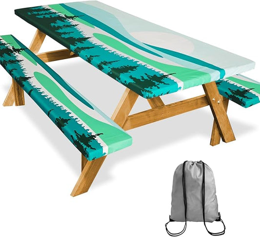 Picnic Table Cover with Bench Covers Camping Essentials Outdoor Reusable Waterproof Tablecloth with Storage Bag, Fitted Rectangle Tables and Seats, 72in, Green Landscape