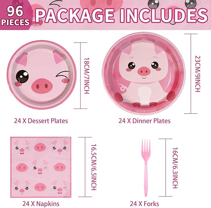 96 Pcs Pig Birthday Decorations 350 GSM Disposable Pink Pig Plates and Napkins Tableware Set Farm Animal Birthday Decorations Pig Party Supplies for Girls Piggy Theme Birthday Party Favor 24 Guests